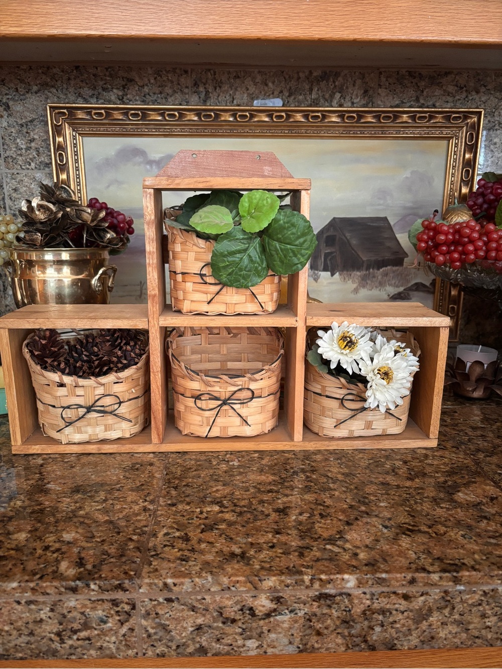 Vintage Wood Wall Shelf with 4 Woven Baskets Country Farmhouse 17” x 12”